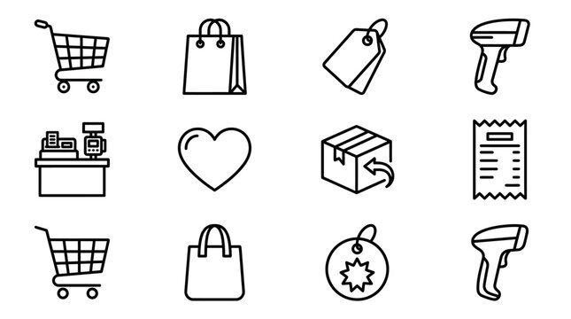 Shopping Icons Set: Cart, Bag, Tag, Barcode Scanner, Cash Register, Heart, Box, Receipt