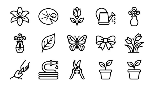 Gardening Icons Set: Flowers, Plants, Tools, Butterfly, Watering Can, Lily, Rose