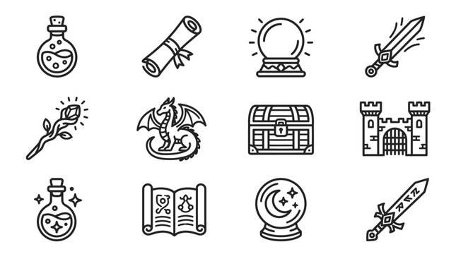 Fantasy Icons Set: Potion, Scroll, Crystal Ball, Sword, Wand, Dragon, Chest, Castle