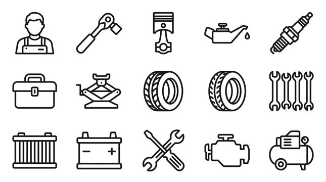 Automotive Repair Icons Set: Mechanic Tools, Car Parts and Equipment