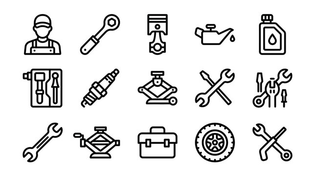 Car Repair Icons Set: Mechanic, Tools, Engine Parts, Oil, Tire, Jack