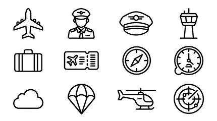 Set of Aviation Icons: Airplane, Pilot, Control Tower, Luggage, Ticket, Compass, Clock, Cloud, Parachute, Helicopter, Radar © dinny