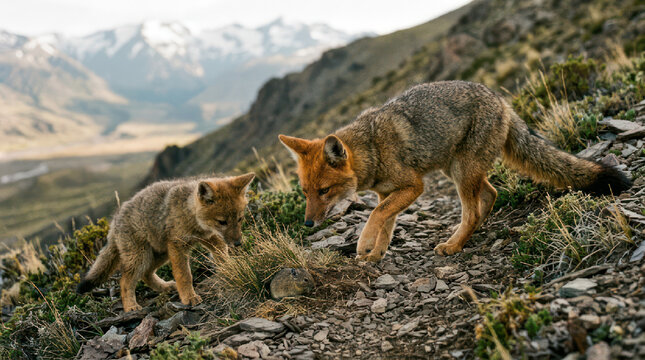Two Andean foxes walking on a rocky mountain slope.