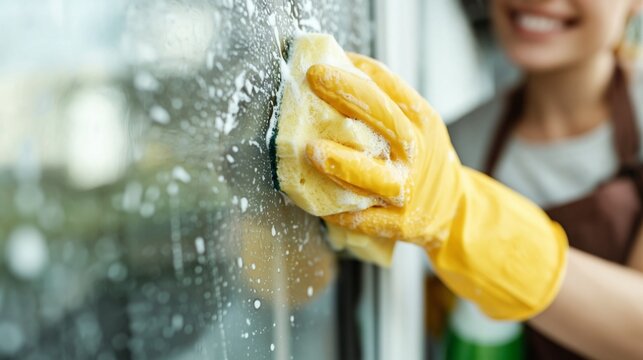 Woman in protective yellow gloves cleaning window glass with soapy sponge, performing household chores and maintaining hygiene at home