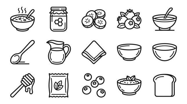 Healthy Breakfast Food Icons: Oatmeal, Berries, Honey, Milk, Bread