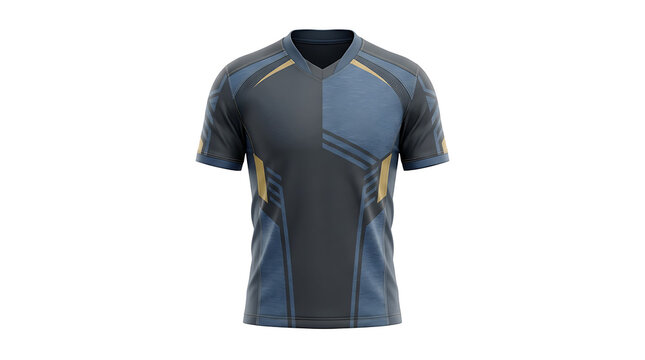 A sleek dark blue and grey athletic t-shirt with short sleeves and modern abstract panel design.