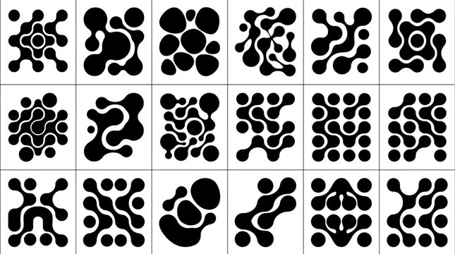Organic metaball shapes set, abstract liquid blob icons in vector format, black fluid molecule elements for modern logo design and branding
