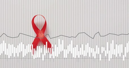 Waveform starting bars and jagged line pulsing while red ribbon casting soft shadow for awareness © vectorfusionart