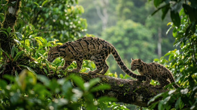 Two Clouded Leopards Walking on a Tree Branch in a Lush Forest.