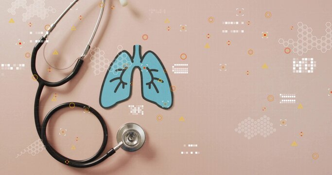 Vertical image: HUD elements appearing and moving over stethoscope, lungs, marking bronchi to scan