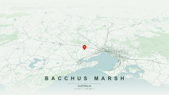 Minimalist vector map of Bacchus Marsh, Victoria. High-quality scalable illustration of Bacchus Marsh geographic boundaries along the Werribee River and Lerderderg River confluence for posters desgin.