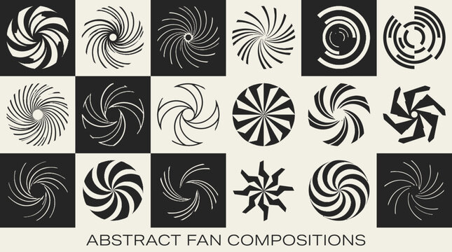Abstract fan compositions, geometric spiral vector elements, black and white radial sunburst icons, 18 circular motion graphics for logo design