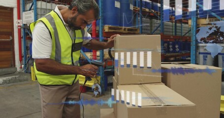 Warehouse worker picking scanner scanning labels activating AR data adjusting boxes updating stock © vectorfusionart