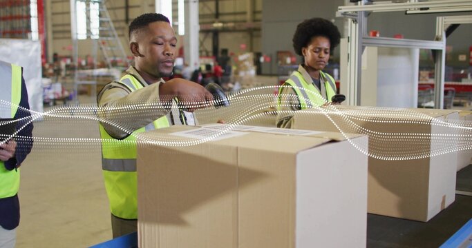 Warehouse packer packing box for orders as belt moving peer scanning waveform sweeping over boxes