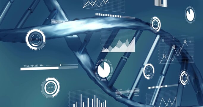 Genomics dashboard receiving live data, animating HUD elements around DNA helix for analysis