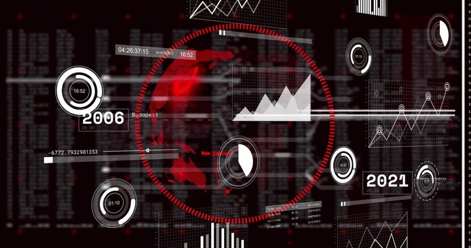 Play icon starting globe rotating, dashed ring pulsing, HUD charts updating, showing analytics