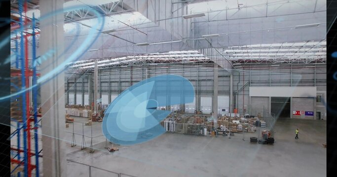 Translucent blue circle appearing, rotating and drifting across warehouse to show pallet layout
