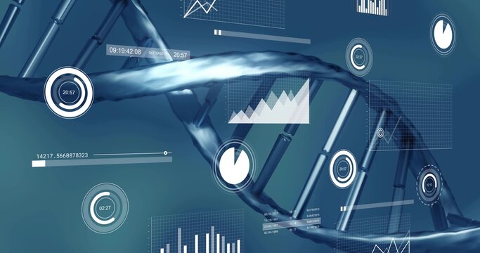 Genomics dashboard receiving live data, animating HUD elements around DNA helix for analysis