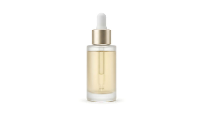 Glass dropper bottle containing yellow cosmetic oil on white background.