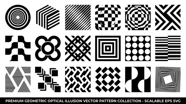 Geometric optical illusion vector pattern collection, black and white op art textures, 18 abstract hypnotic graphic elements for modern design