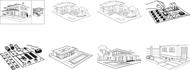 Fototapeta premium Set of black and white line houses and electronics architecture home