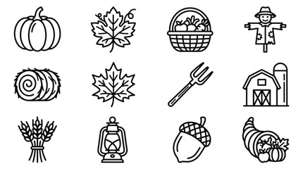 Autumn Harvest Icons: Pumpkin, Scarecrow, Barn, Hay Bale, Cornucopia, Acorn, Leaves © dinny