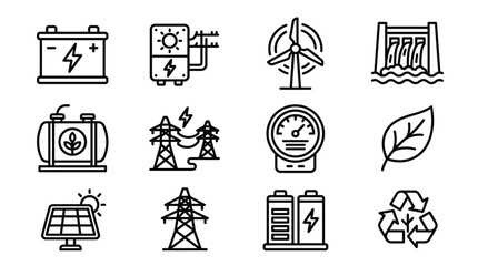 Renewable Energy and Power Generation Icons: Solar, Wind, Hydro, Battery, Grid © dinny