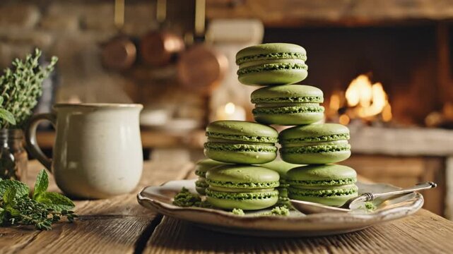 Cozy Kitchen Scene with Macarons, Mug, Herbs, and Fireplace: A Warm and Inviting Atmosphere