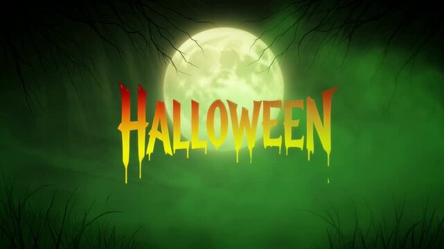 Halloween text with dripping effect and glowing moon in a dark green misty forest