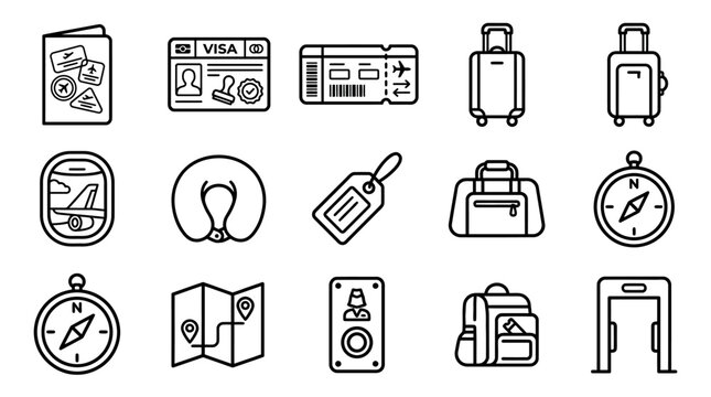 Travel Icons Set: Passport, Visa, Ticket, Luggage, Airplane Window, Neck Pillow, Map, Compass