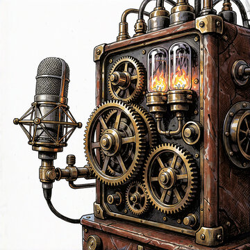 karaoke active steampunk microphone with glowing vacuum tubes and bronze gears.