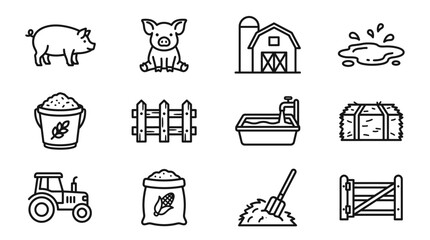 Farm Icons Set: Pig, Barn, Tractor, Hay, Fence, Feed Bucket, Mud Puddle © Brian