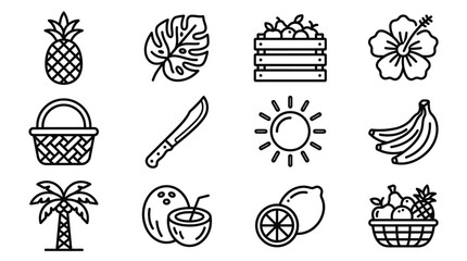 Tropical Summer Icons: Pineapple, Coconut, Banana, Palm Tree, Hibiscus, Sun, Fruits © Brian