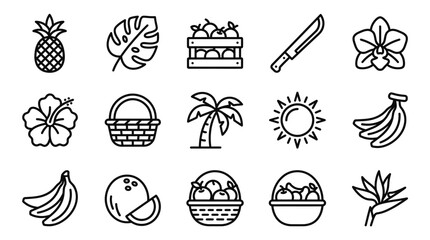 Tropical Summer Icons: Fruits, Flowers, Palm Tree, Sun, and Machete Vector Set © Brian