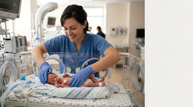 Female nurse caring for a newborn in a hospital incubator