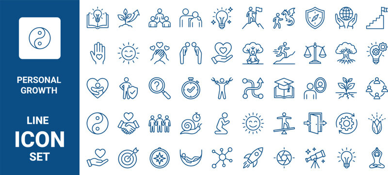 Set of personal growth line icons collection of thin outline symbols for selfimprovement, motivation, success, mindfulness, and development