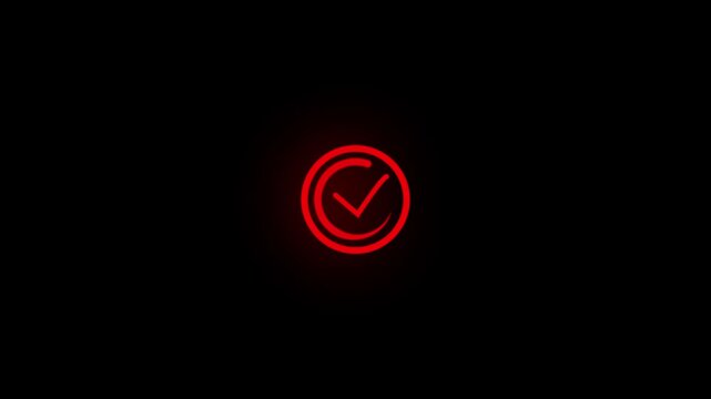 Glowing red checkmark symbol animation a neon icon inside a circle, animated against a solid black background check icon verified validation success check icon verified validation success