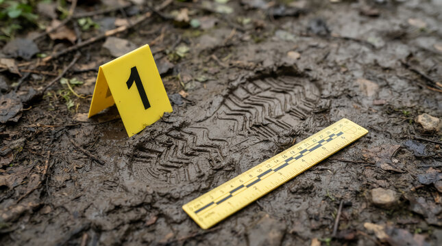 Crime scene evidence marker number one next to a muddy bootprint with a yellow scale ruler on the ground.