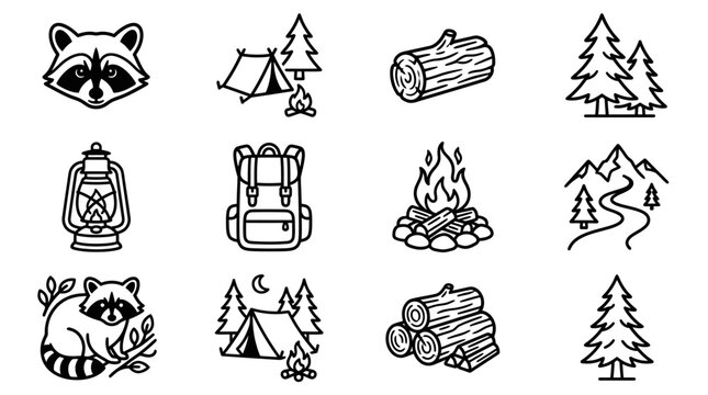 Camping Icons Set: Raccoon, Tent, Lantern, Backpack, Fire, Trees, Logs, Mountains