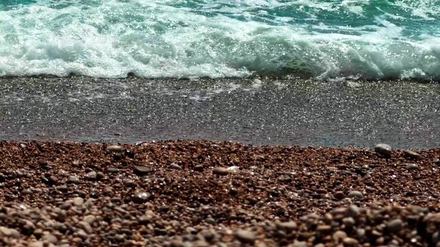 Turquoise Sea Waves Washing On Pebble Beach. Shore Foamy Water Coastal. Summer Vacation