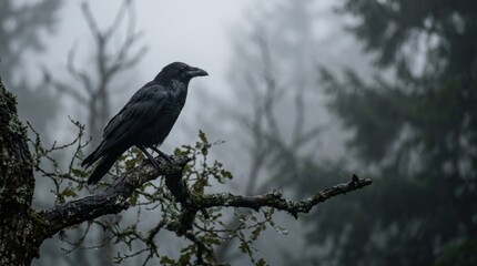 Naklejka premium A solitary black raven perched on a mossy branch in a mysterious foggy forest landscape