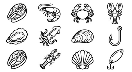 Seafood Icons Set: Fish, Shrimp, Crab, Lobster, Oyster, Squid, Mussel, Scallop, Hook © Brian