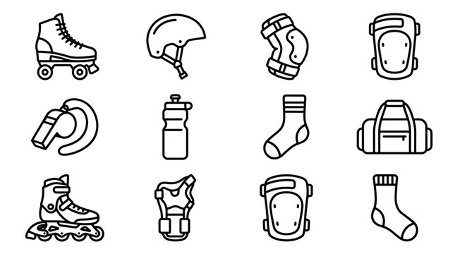 Inline Skates, Safety Gear, Sports Equipment Icons Set