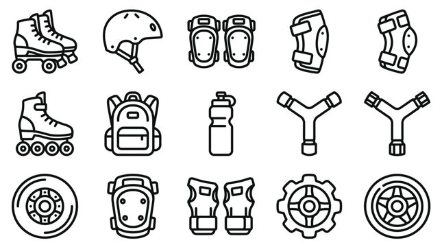 Roller Skating Gear Icons: Skates, Helmet, Pads, Backpack, Water Bottle, Wheels