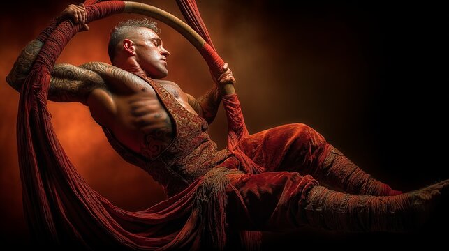 Male aerialist demonstrating strength and balance during a dramatic performance on a lyra hoop, showcasing athletic skill and artistic expression in a red stage light