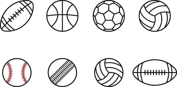 Set of eight different sports balls outlines including football and basketball soccer