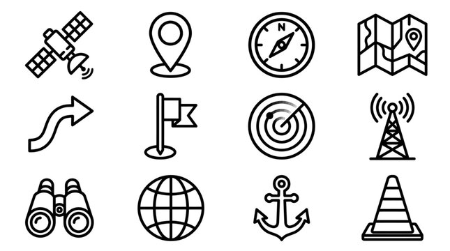 Navigation and Location Icons Set: GPS, Map, Compass, Satellite, Anchor, Radar