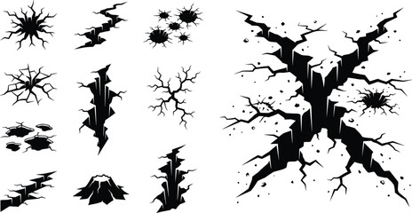 Obraz premium Set of ground cracks and earth fissures black and white break