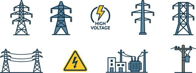 Obraz premium Set of electric power transmission including voltage towers and transformers in color