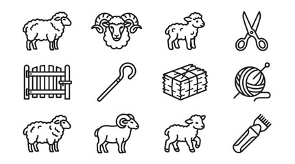 Farm Animal Icons: Sheep, Ram, Lamb, Shearing, Wool, Shepherd Tools © Brian